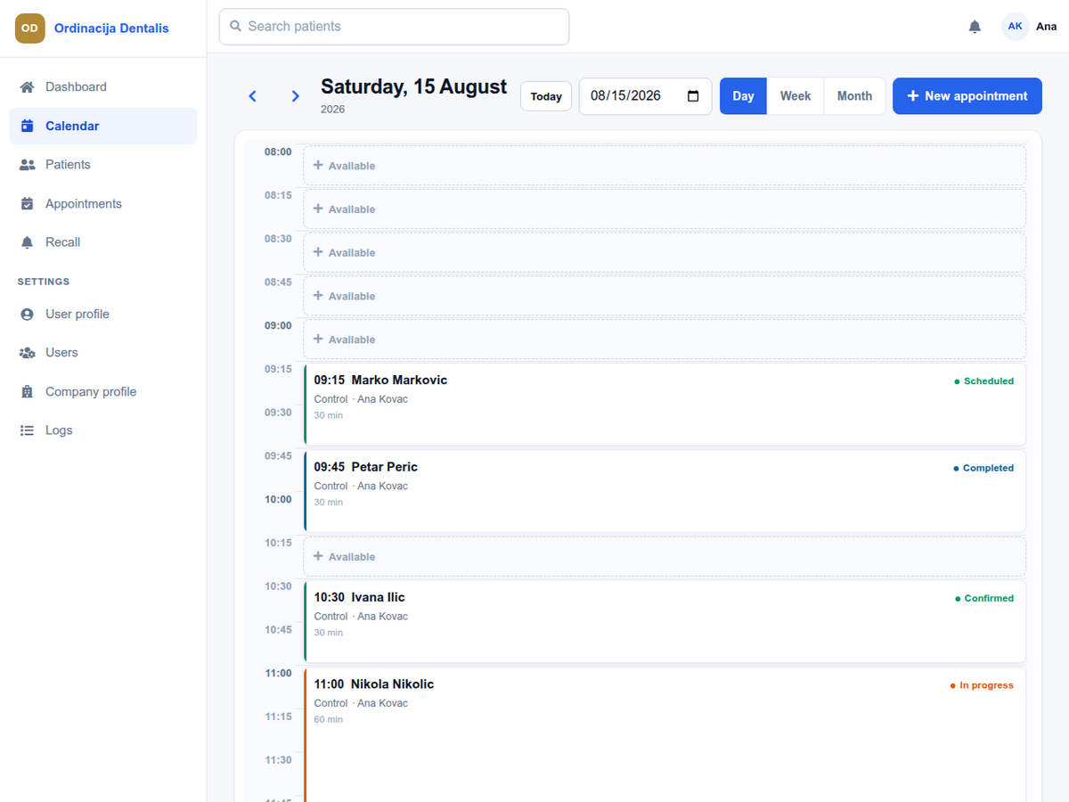 The OrdoDens day schedule, with appointments laid out by time